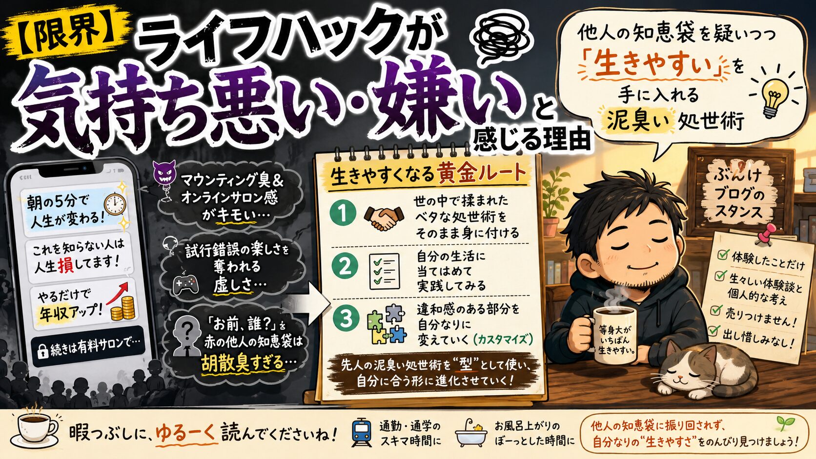 【限界】ライフハックが気持ち悪い・嫌いと感じる理由～他人の知恵袋を疑いつつ「生きやすい」を手に入れる泥臭い処世術～
