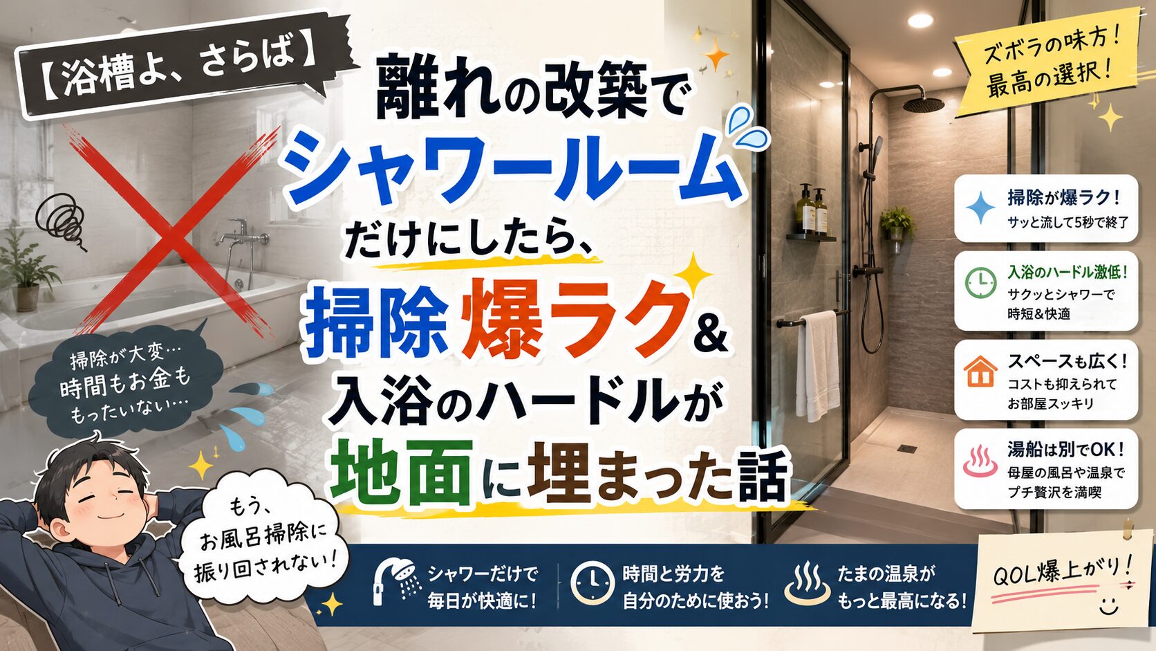 【浴槽よ、さらば】離れの改築でシャワールームだけにしたら、掃除爆ラク＆入浴のハードルが地面に埋まった話