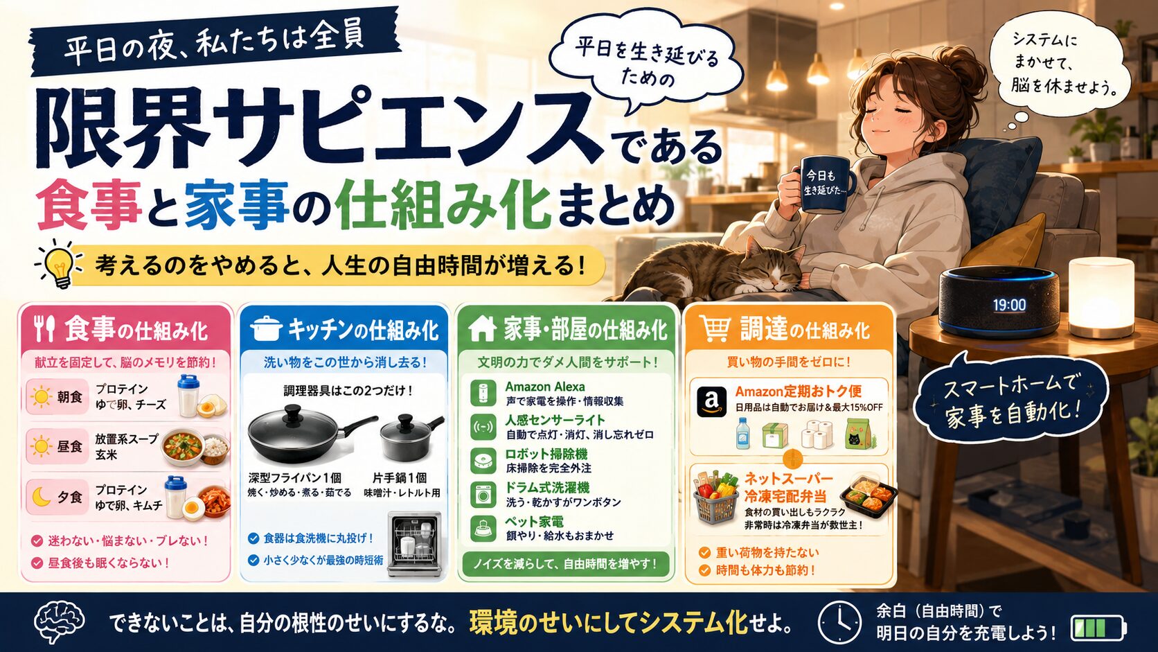【完全生存戦略】平日を生き延びるための食事・家事の仕組み化まとめ｜限界サピエンスに捧ぐライフハック