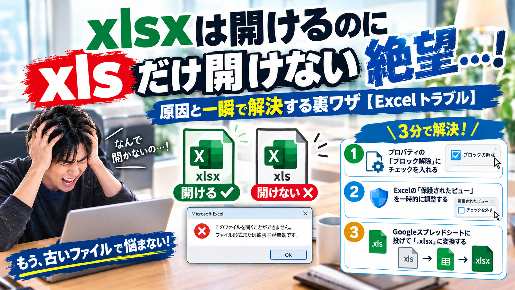 【実録】xlsxは開けるのに「xls」だけ開けない絶望…！原因と一瞬で解決する裏ワザ【Excelトラブル】